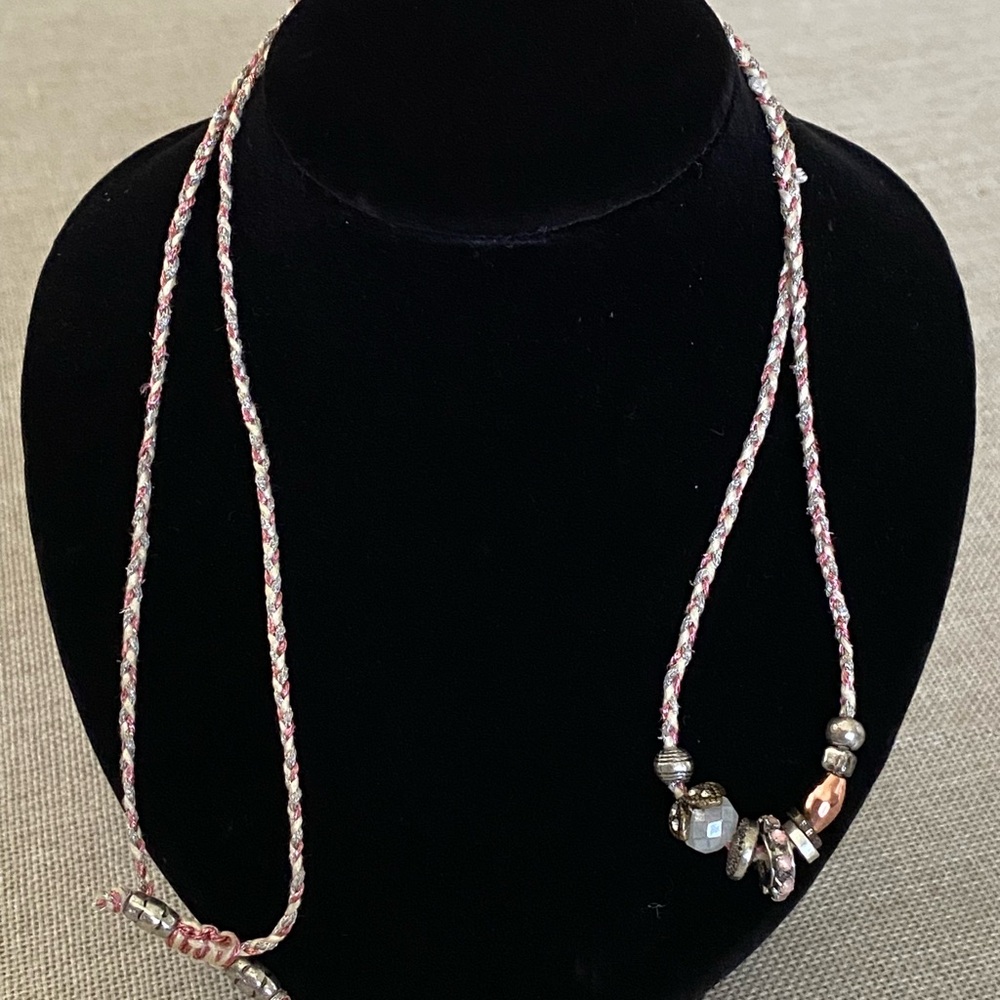 Elegant Silver and Pink Braided Necklace with Multicolored Crystal Jewel Beads